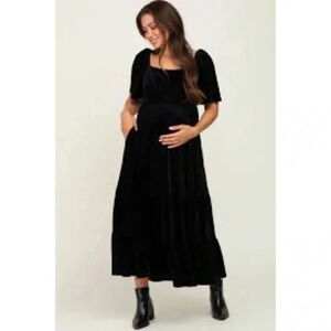Pinkblush Black Velvet Tiered Maternity Maxi Dress Large